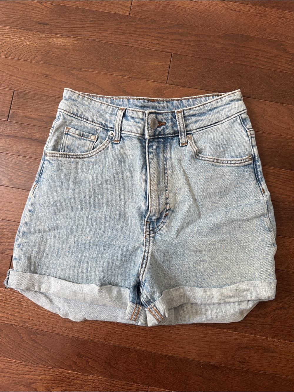 H&M Light Wash Denim High-Waist Roll Cuff Shorts